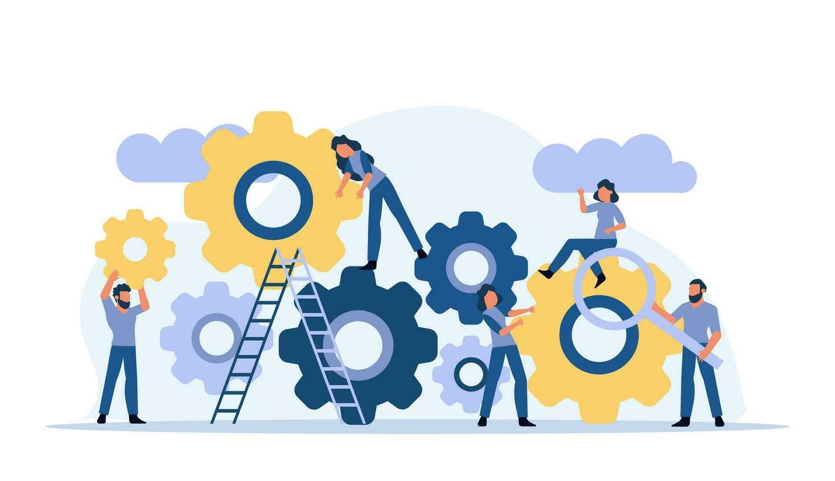 Ilustración de un equipo montando entre todos un mecanismo de engranajes